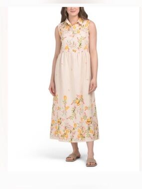 LE RAGAZZE ITALY LINEN BLED LT. PEACH LEMON PRINT COLLARED MAXI DRESS SIZE S!!